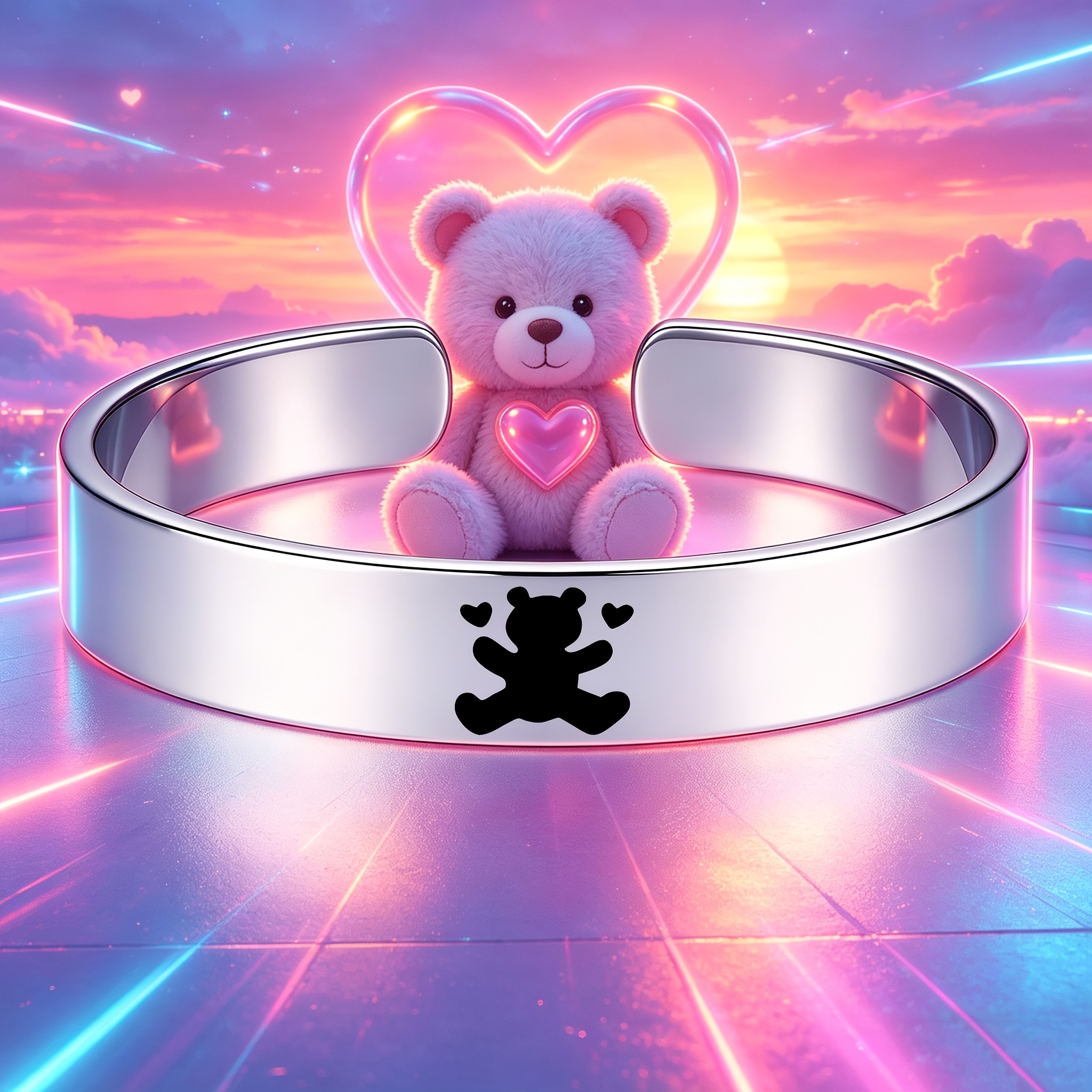 Cute Bear Silhouette Heart Design Stainless Steel Open Bangle, Gift